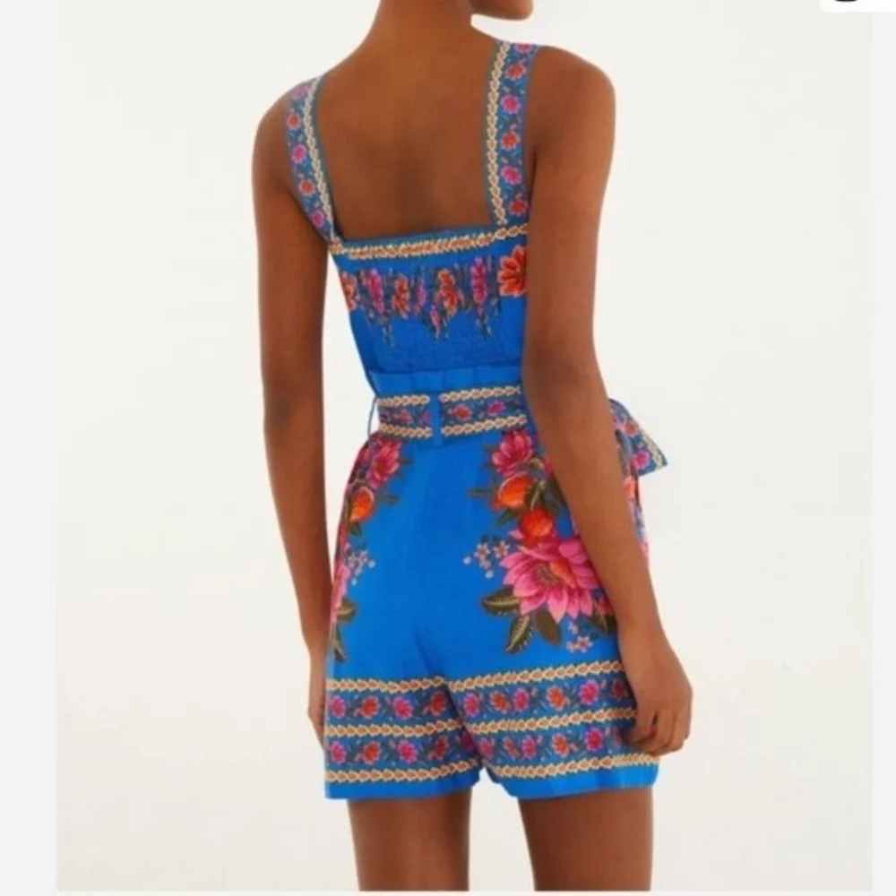 FARM RIO Blue Summer Fruit Scarf Romper
 FloraL Square Neck Wide Straps Beading - Picture 2 of 16